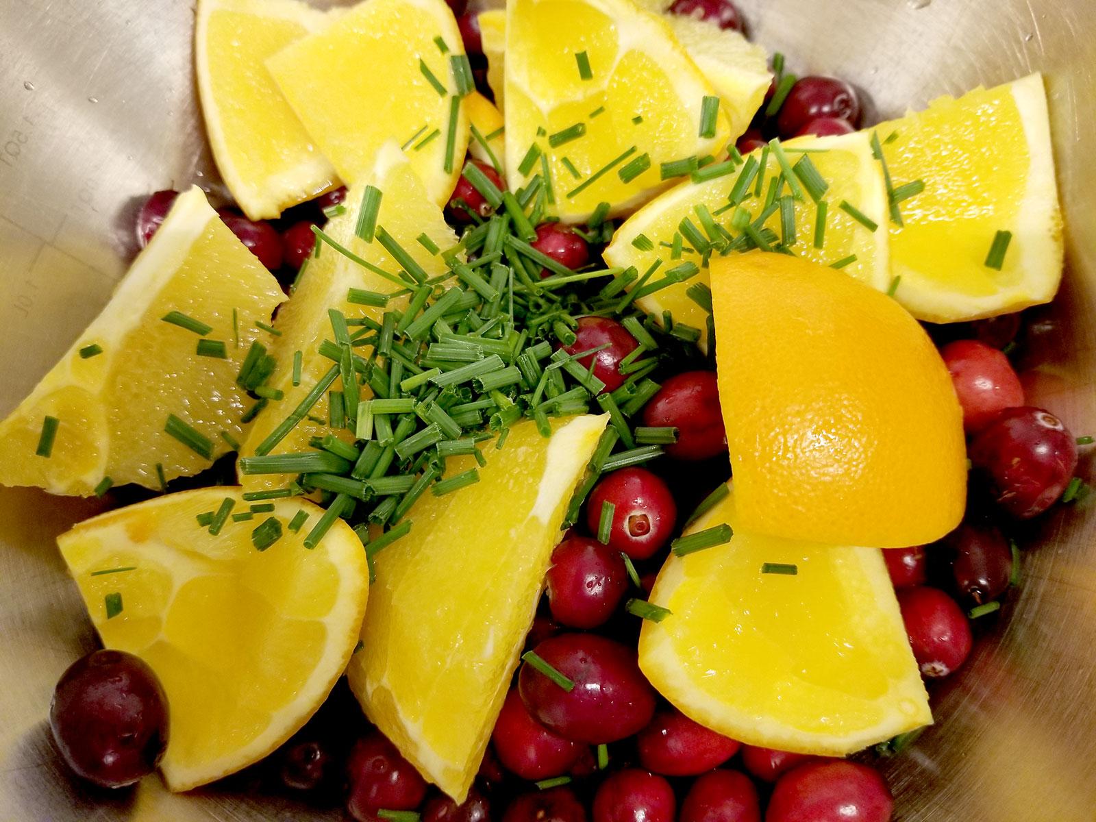 Ingredients for wild onion cranberry relish in a bowl